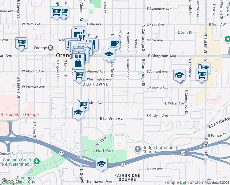 map of restaurants, bars, coffee shops, grocery stores, and more near 368 South Shaffer Street in Orange