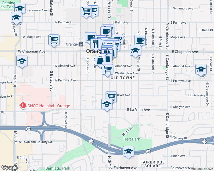 map of restaurants, bars, coffee shops, grocery stores, and more near 368 South Glassell Street in Orange