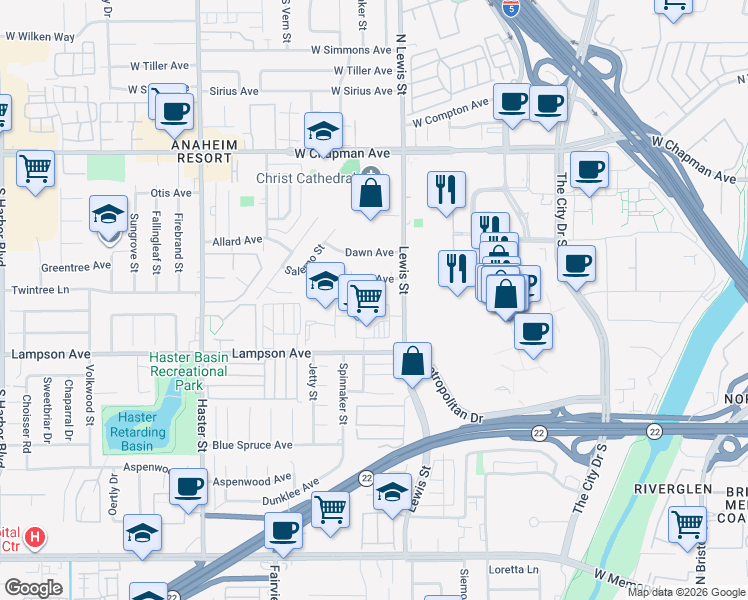 map of restaurants, bars, coffee shops, grocery stores, and more near 12373 Lewis Street in Garden Grove