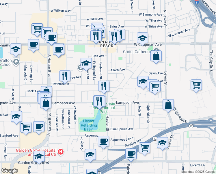 map of restaurants, bars, coffee shops, grocery stores, and more near h38 Haster Street in Garden Grove