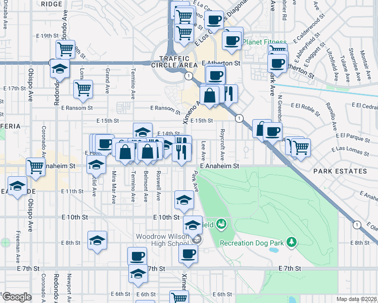 map of restaurants, bars, coffee shops, grocery stores, and more near in Long Beach