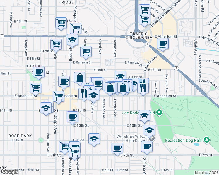 map of restaurants, bars, coffee shops, grocery stores, and more near in Long Beach