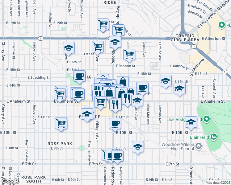 map of restaurants, bars, coffee shops, grocery stores, and more near in Long Beach
