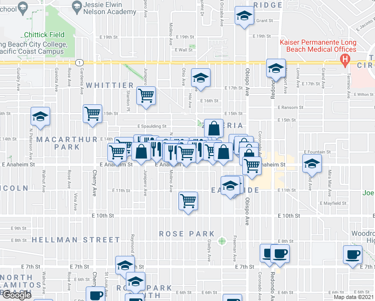 map of restaurants, bars, coffee shops, grocery stores, and more near 2701 East Anaheim Street in Long Beach