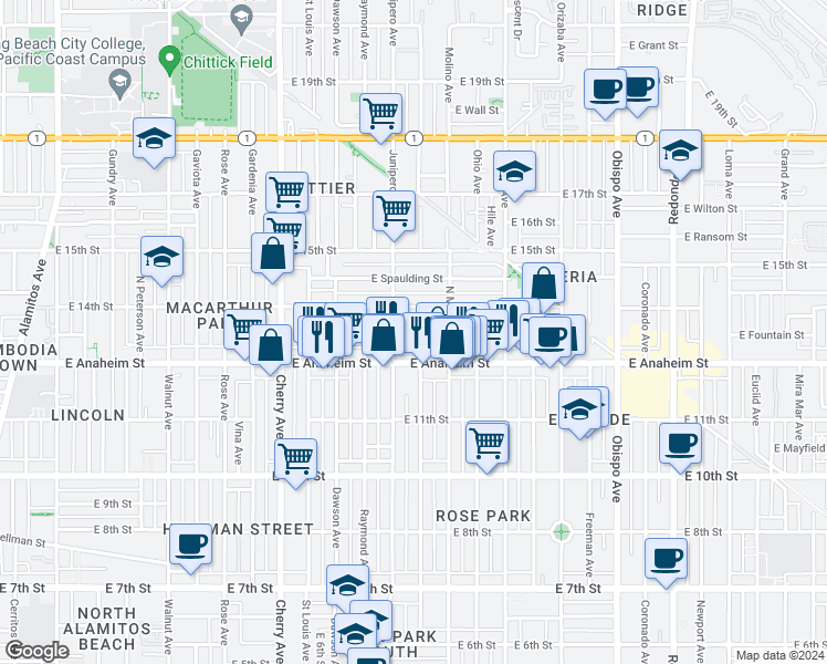 map of restaurants, bars, coffee shops, grocery stores, and more near 2435 East Anaheim Street in Long Beach