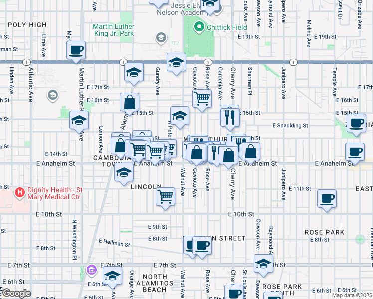 map of restaurants, bars, coffee shops, grocery stores, and more near 1617 East Anaheim Street in Long Beach