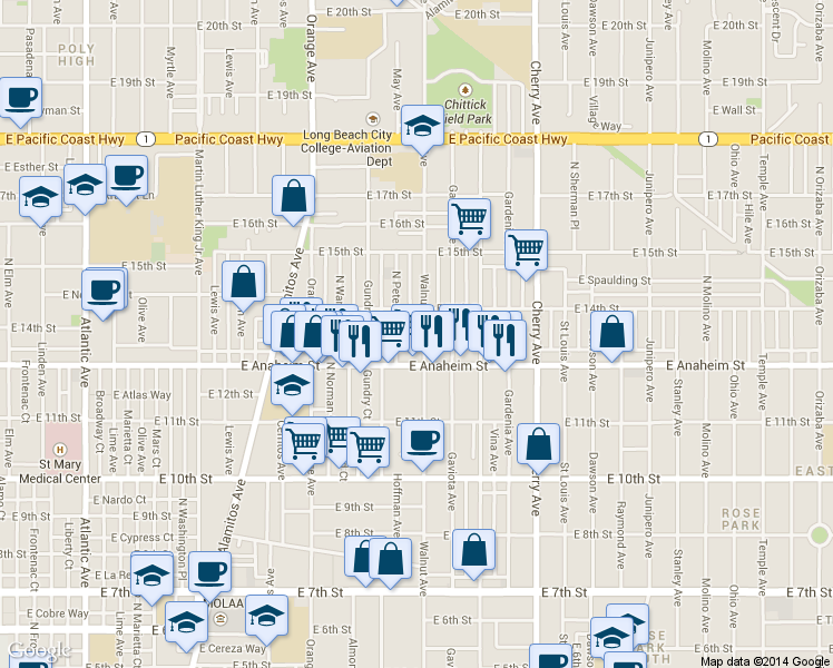 map of restaurants, bars, coffee shops, grocery stores, and more near 1501 East Anaheim Street in Long Beach