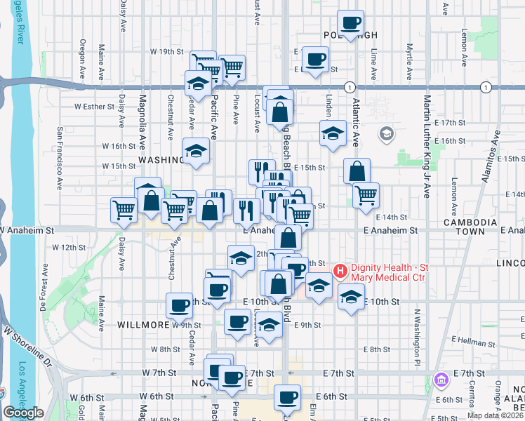 map of restaurants, bars, coffee shops, grocery stores, and more near 203 East Anaheim Street in Long Beach
