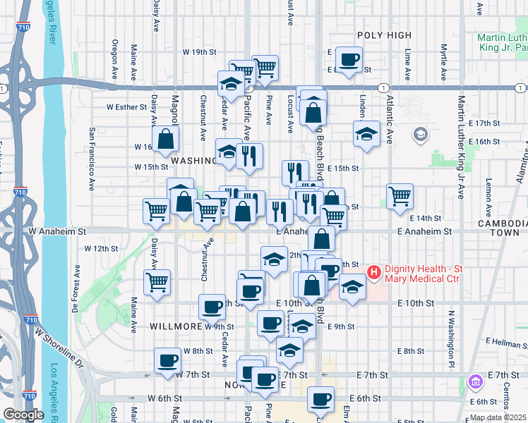 map of restaurants, bars, coffee shops, grocery stores, and more near in Long Beach