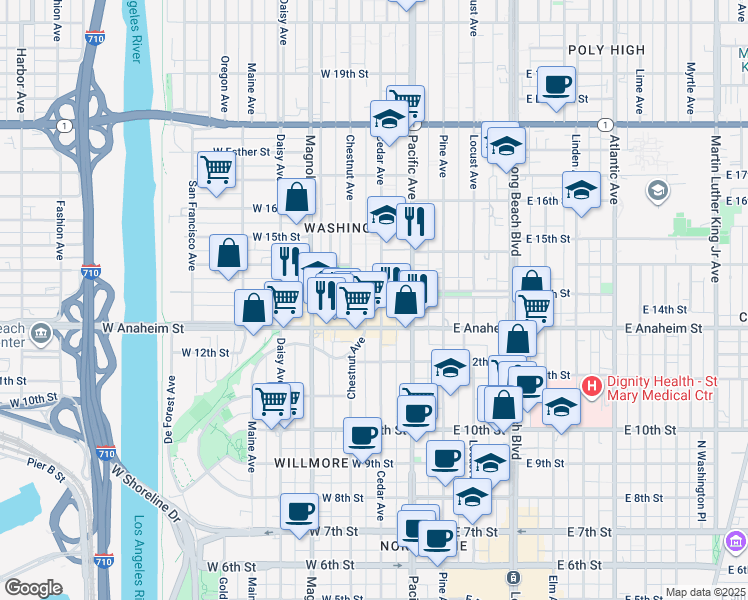 map of restaurants, bars, coffee shops, grocery stores, and more near 305 West Anaheim Street in Long Beach