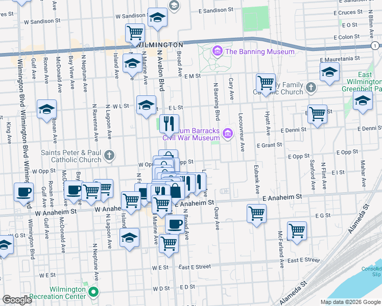 map of restaurants, bars, coffee shops, grocery stores, and more near Broad Street in Los Angeles County