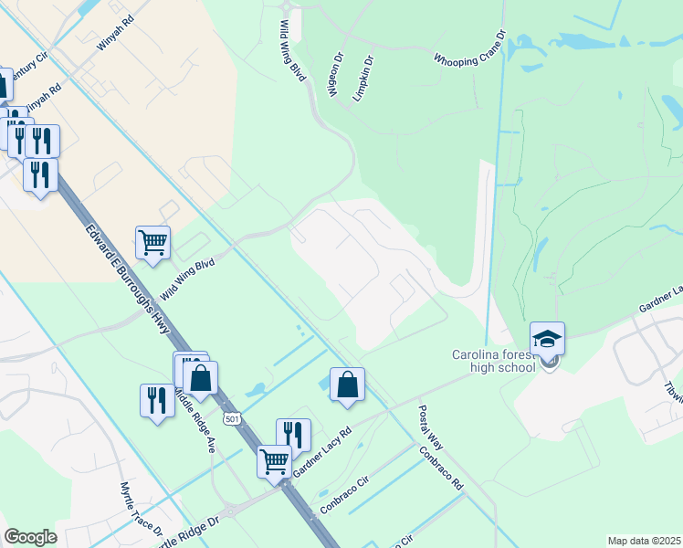 map of restaurants, bars, coffee shops, grocery stores, and more near 334 Kiskadee Loop in Conway