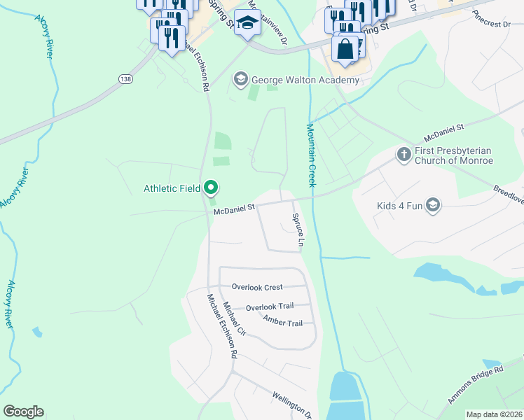 map of restaurants, bars, coffee shops, grocery stores, and more near 569 Spruce Lane in Monroe