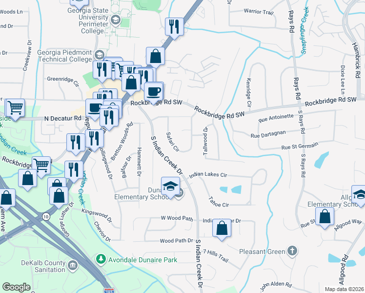 map of restaurants, bars, coffee shops, grocery stores, and more near 504 Safari Circle in Stone Mountain