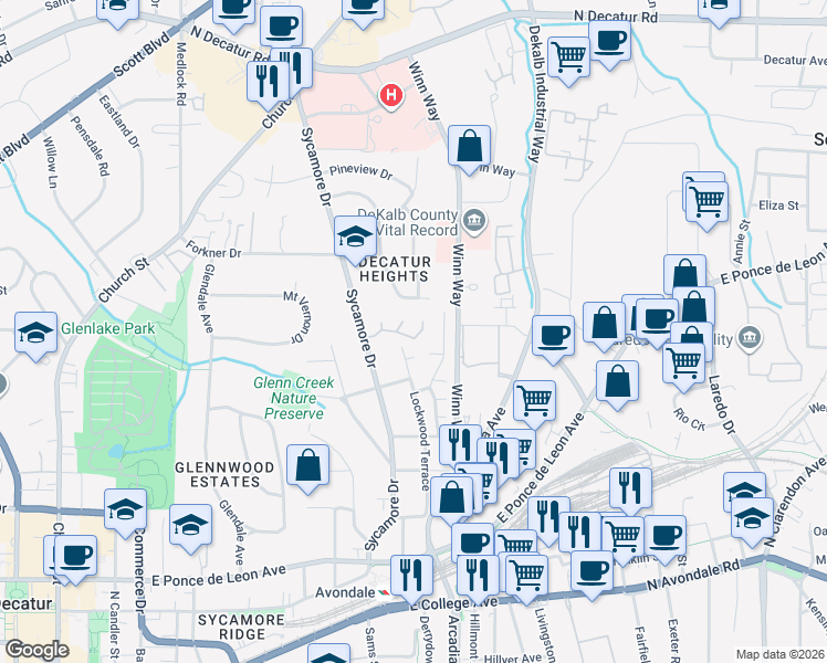 map of restaurants, bars, coffee shops, grocery stores, and more near 5 Grovemont Court in Decatur