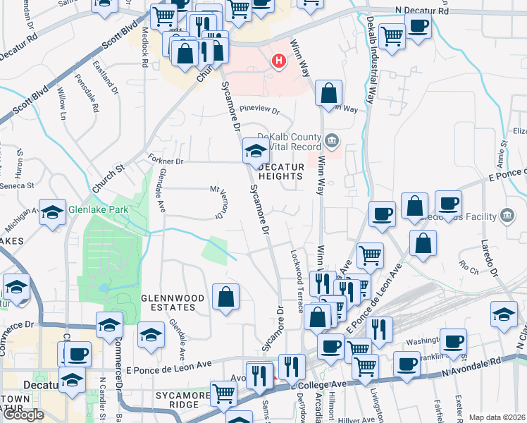 map of restaurants, bars, coffee shops, grocery stores, and more near 66 Sycamore Station in Decatur