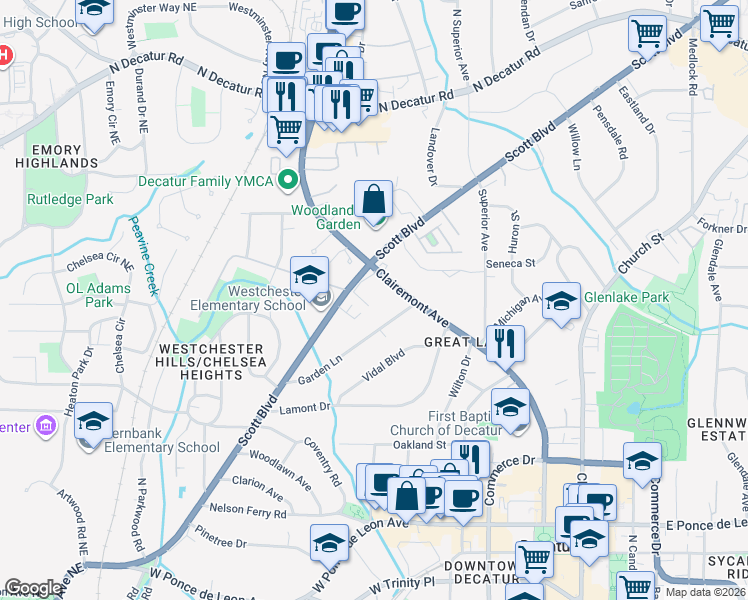 map of restaurants, bars, coffee shops, grocery stores, and more near 767 Scott Boulevard in Decatur