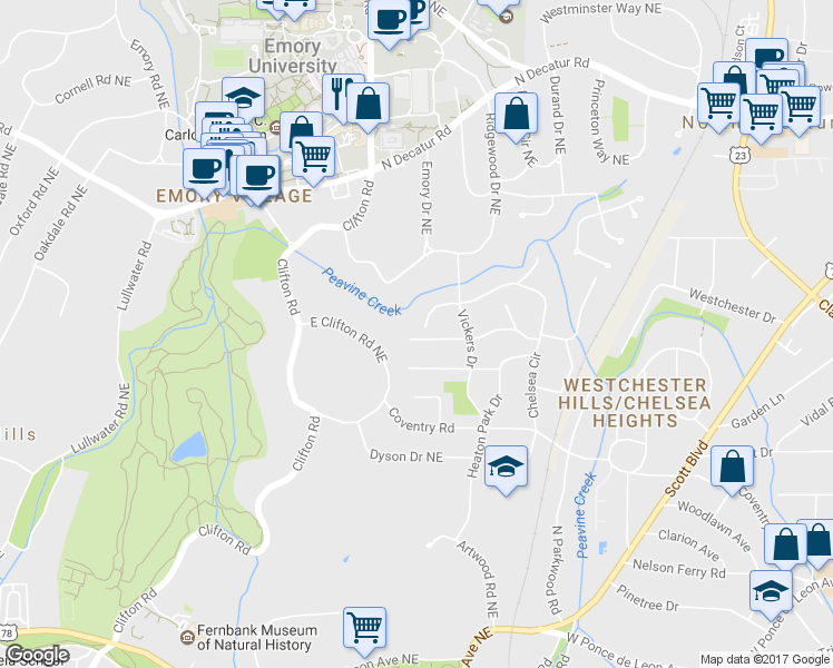 map of restaurants, bars, coffee shops, grocery stores, and more near 1714 Vickers Cir in Decatur