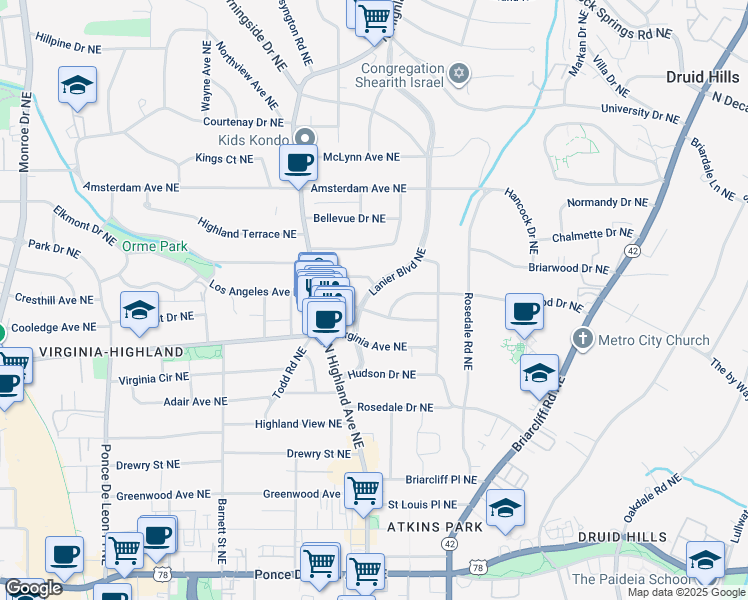 map of restaurants, bars, coffee shops, grocery stores, and more near 1037 Lanier Boulevard Northeast in Atlanta