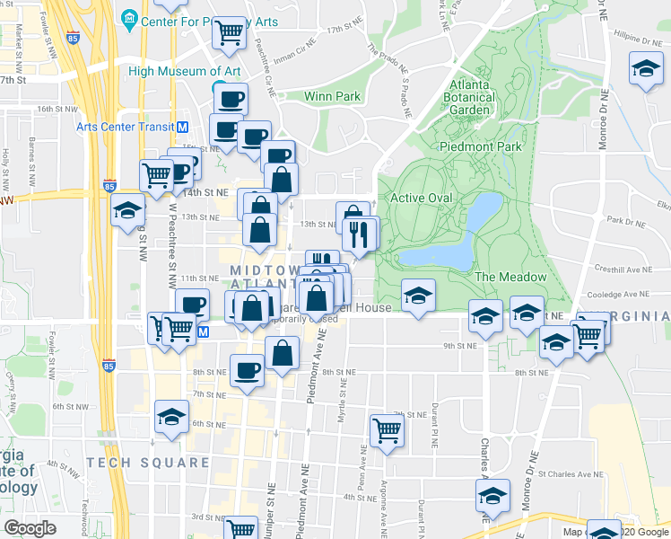 map of restaurants, bars, coffee shops, grocery stores, and more near 1058 Piedmont Avenue Northeast in Atlanta