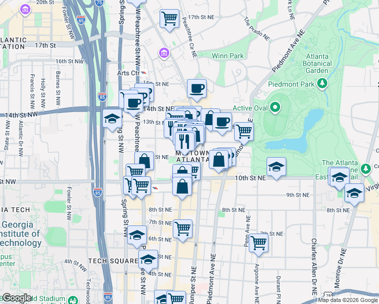 map of restaurants, bars, coffee shops, grocery stores, and more near in Atlanta