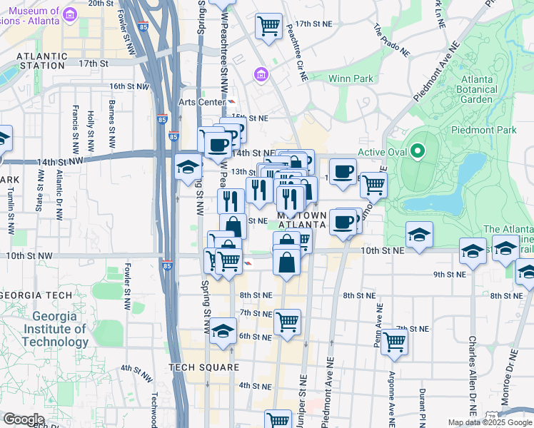 map of restaurants, bars, coffee shops, grocery stores, and more near 1000 Peachtree Road Northeast in Atlanta