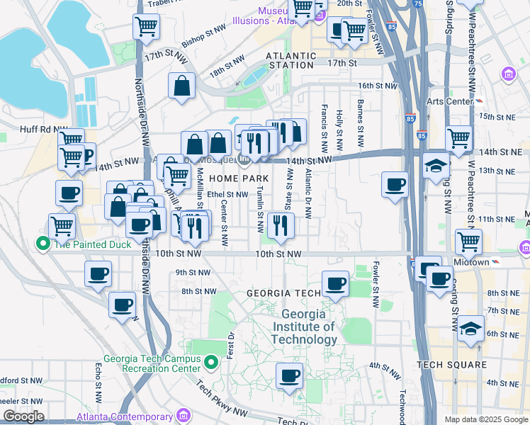 map of restaurants, bars, coffee shops, grocery stores, and more near 1033 Tumlin Street Northwest in Atlanta