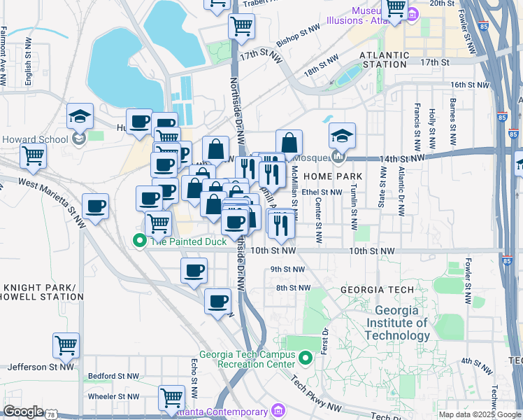 map of restaurants, bars, coffee shops, grocery stores, and more near 1052 Curran Street Northwest in Atlanta