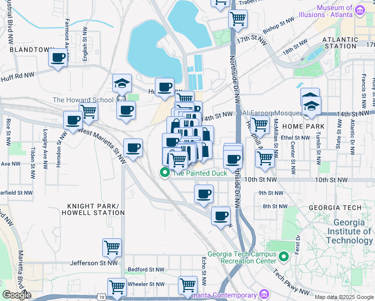 map of restaurants, bars, coffee shops, grocery stores, and more near 1075 Brady Avenue Northwest in Atlanta