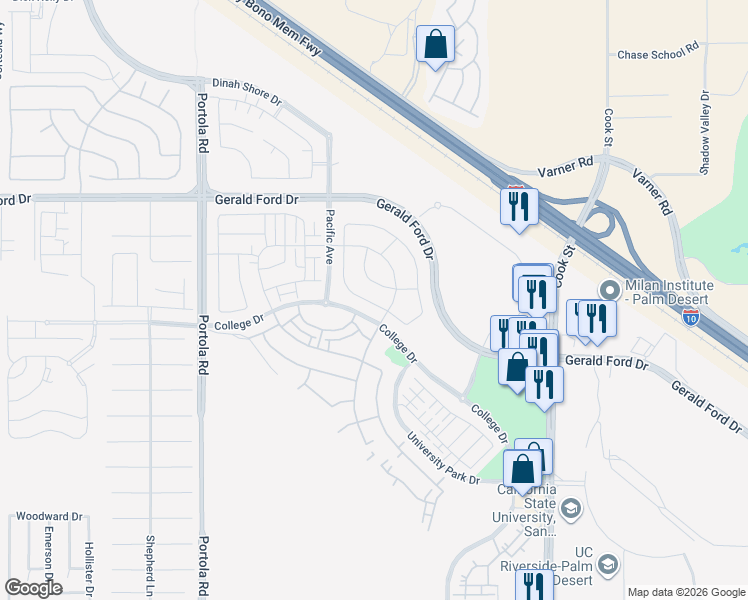 map of restaurants, bars, coffee shops, grocery stores, and more near 36145 Cameron Place in Palm Desert