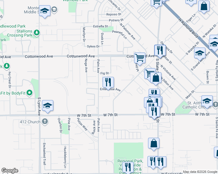 map of restaurants, bars, coffee shops, grocery stores, and more near 1037 Enterprise Avenue in San Jacinto