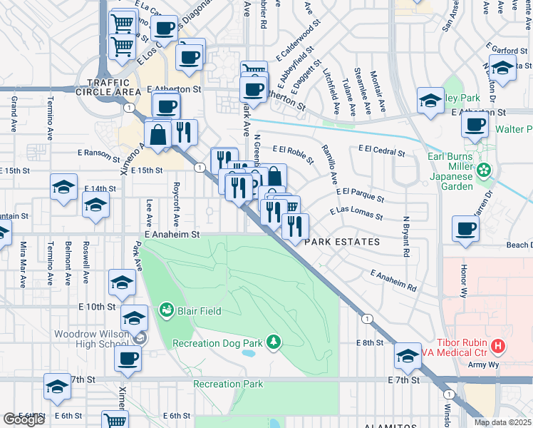 map of restaurants, bars, coffee shops, grocery stores, and more near in Long Beach