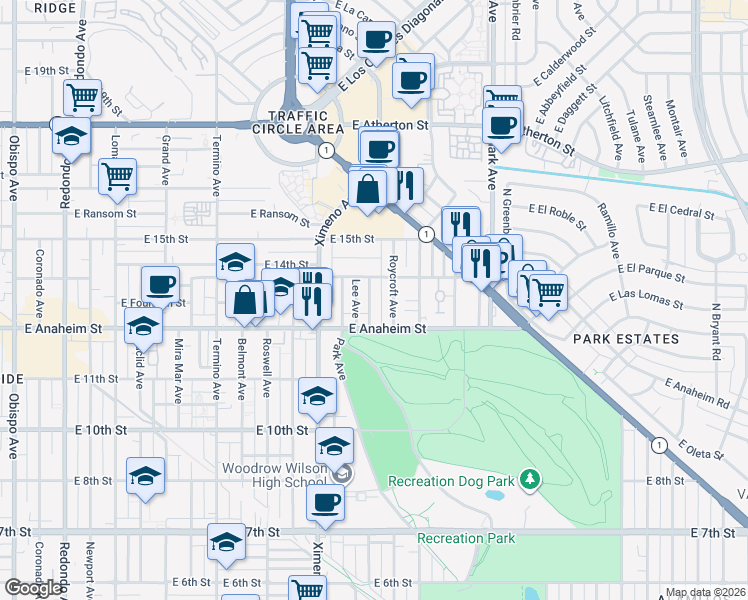 map of restaurants, bars, coffee shops, grocery stores, and more near 1350 Quincy Avenue in Long Beach