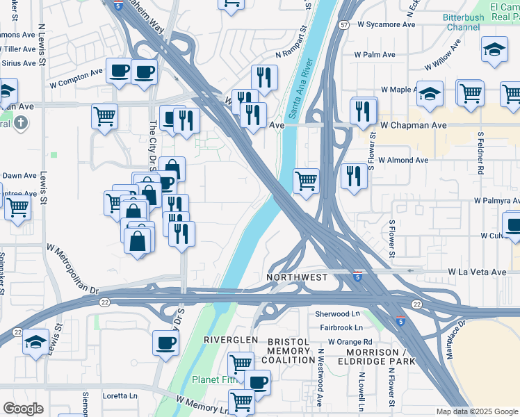 map of restaurants, bars, coffee shops, grocery stores, and more near Santa Ana River Trail Bikeway in Orange