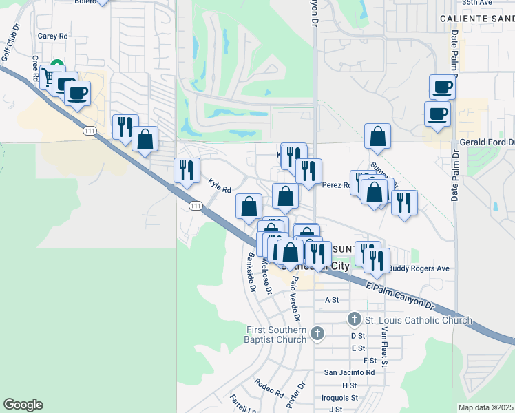 map of restaurants, bars, coffee shops, grocery stores, and more near 36555 Bankside Drive in Cathedral City