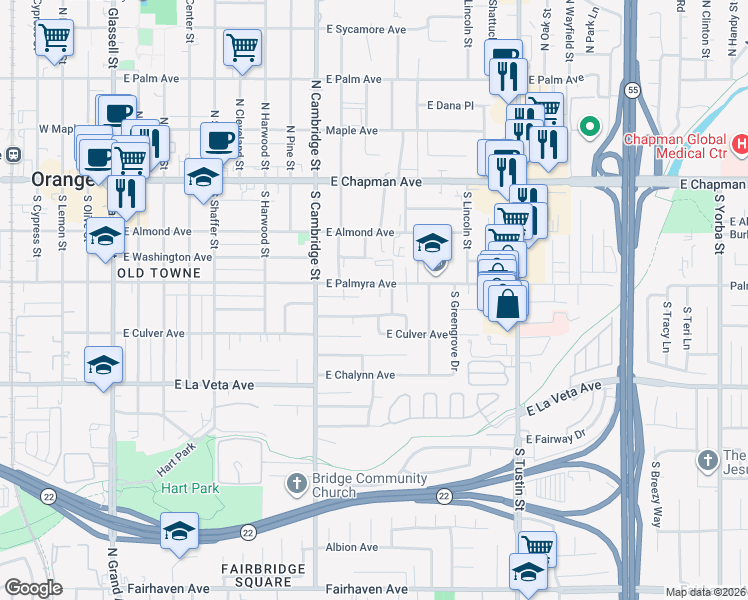 map of restaurants, bars, coffee shops, grocery stores, and more near 1120 East Palmyra Avenue in Orange