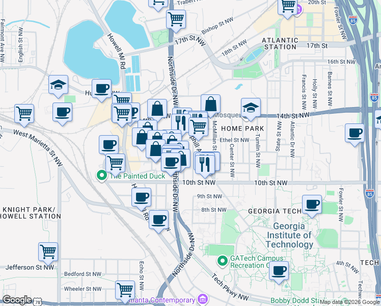 map of restaurants, bars, coffee shops, grocery stores, and more near 1052 Curran Street Northwest in Atlanta