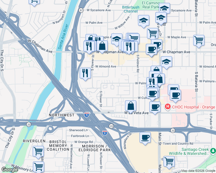 map of restaurants, bars, coffee shops, grocery stores, and more near 2100 West Palmyra Avenue in Orange