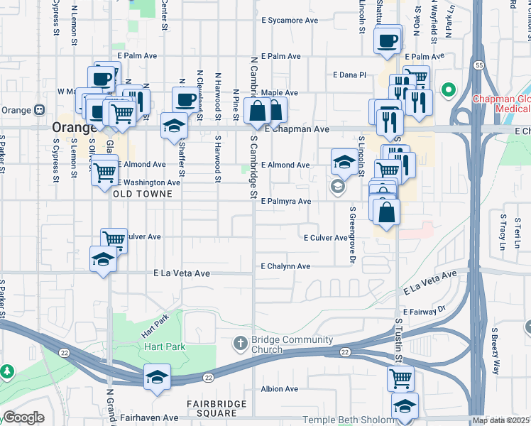 map of restaurants, bars, coffee shops, grocery stores, and more near 326 South Waverly Street in Orange