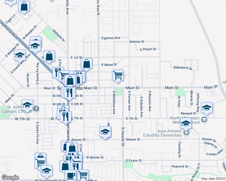 map of restaurants, bars, coffee shops, grocery stores, and more near 501 South Mistletoe Avenue in San Jacinto