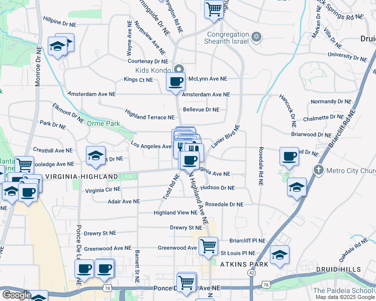 map of restaurants, bars, coffee shops, grocery stores, and more near 1063 North Highland Avenue Northeast in Atlanta