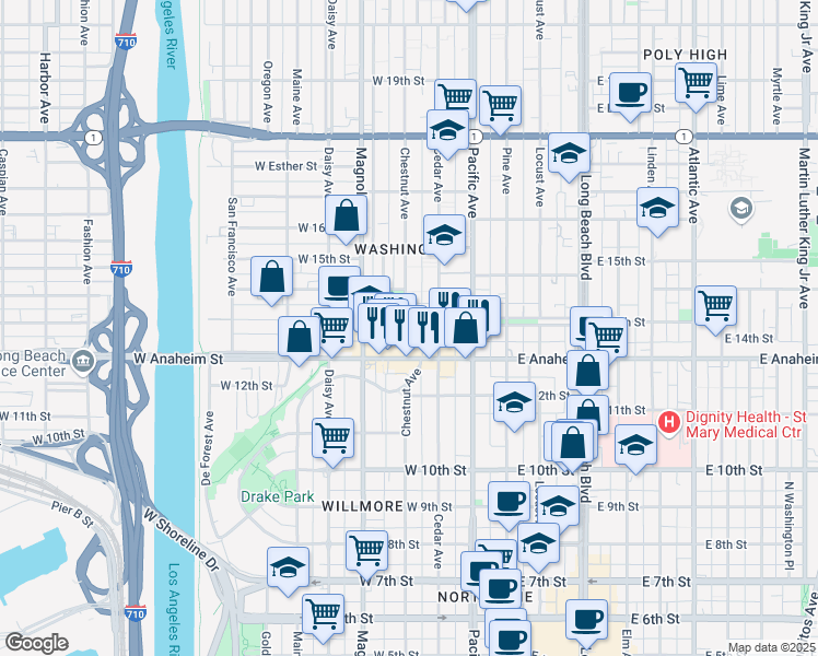 map of restaurants, bars, coffee shops, grocery stores, and more near 1350 Chestnut Avenue in Long Beach