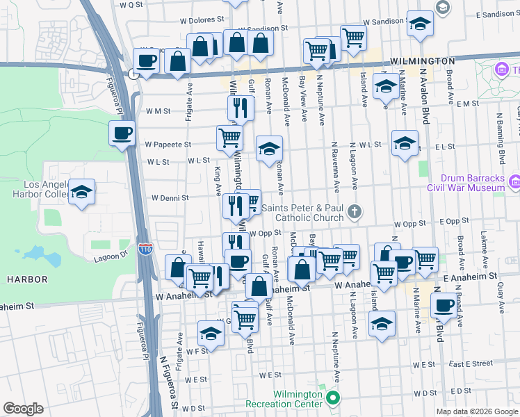 map of restaurants, bars, coffee shops, grocery stores, and more near 1045 Gulf Avenue in Los Angeles