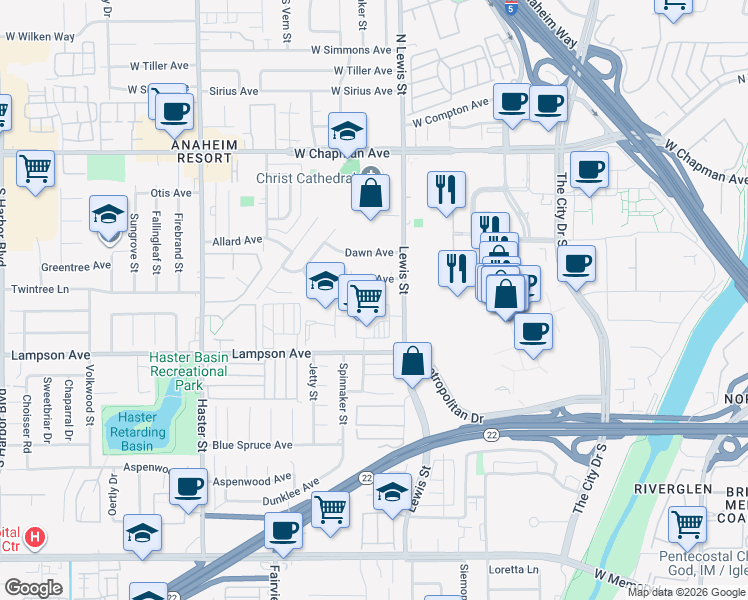 map of restaurants, bars, coffee shops, grocery stores, and more near 12373 Lewis Street in Garden Grove