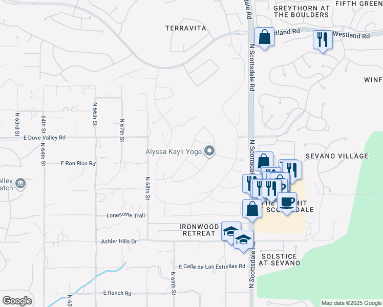 map of restaurants, bars, coffee shops, grocery stores, and more near 6915 East Bramble Berry Lane in Scottsdale