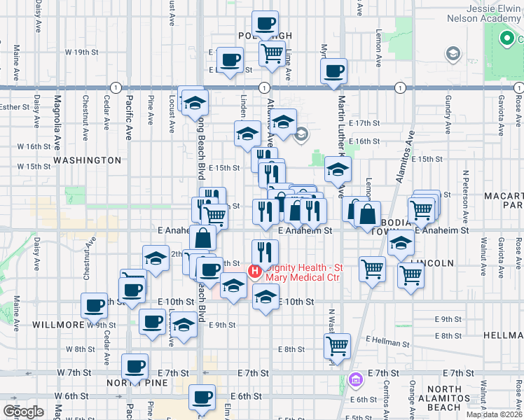 map of restaurants, bars, coffee shops, grocery stores, and more near 548 East 14th Street in Long Beach