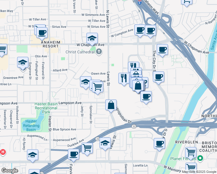 map of restaurants, bars, coffee shops, grocery stores, and more near 12371 South Lewis Street in Garden Grove