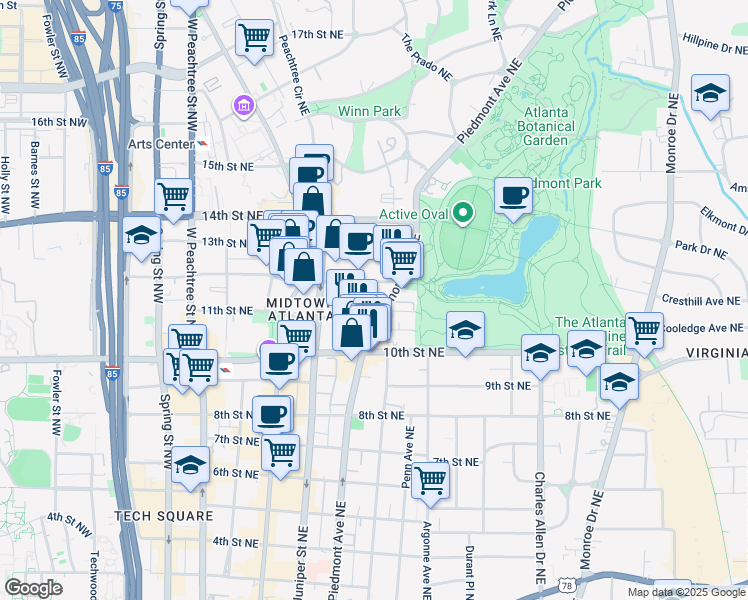 map of restaurants, bars, coffee shops, grocery stores, and more near 1058 Piedmont Avenue Northeast in Atlanta