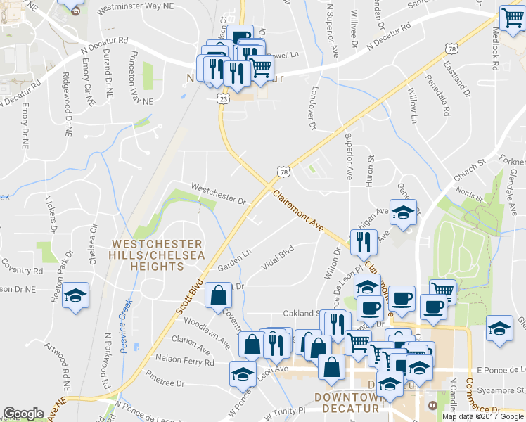 map of restaurants, bars, coffee shops, grocery stores, and more near 107 Ridley Howard Court in Decatur