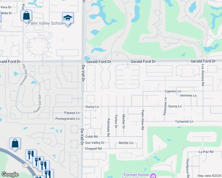 map of restaurants, bars, coffee shops, grocery stores, and more near 17 Lincoln Place in Rancho Mirage